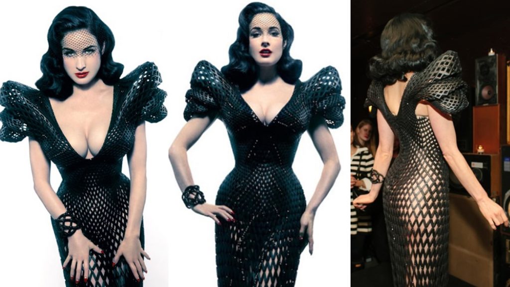 Burlesque diva Dita Von Teese v ikonických 3D tištěných šatech s krystaly Swarowski. 