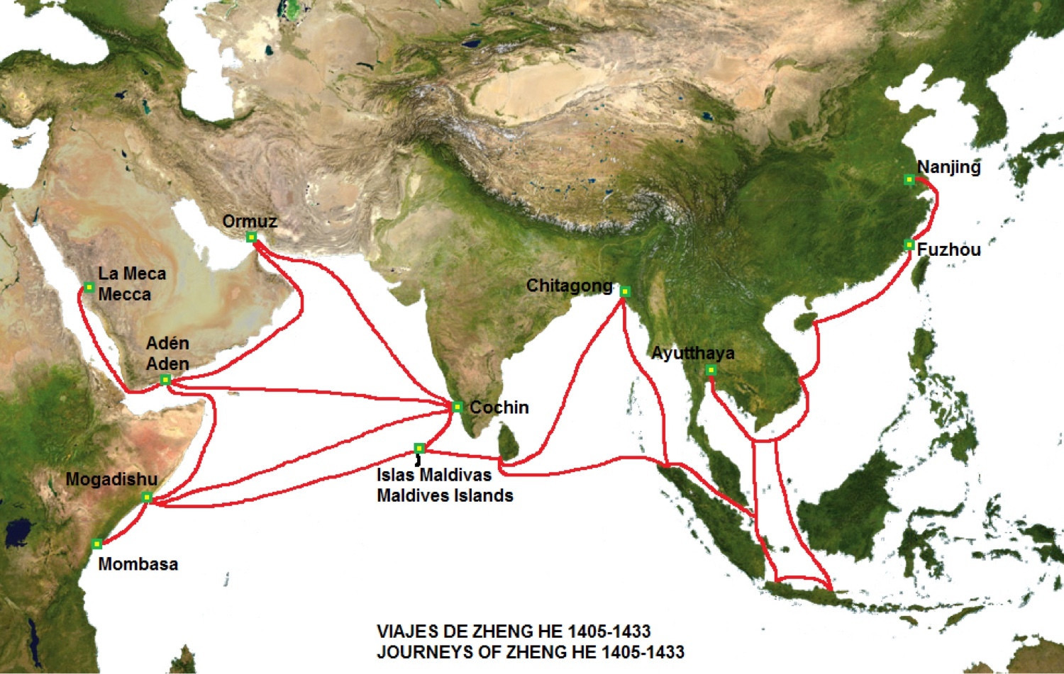 Mapa pravidelných čínských obchodních cest v 15. století
